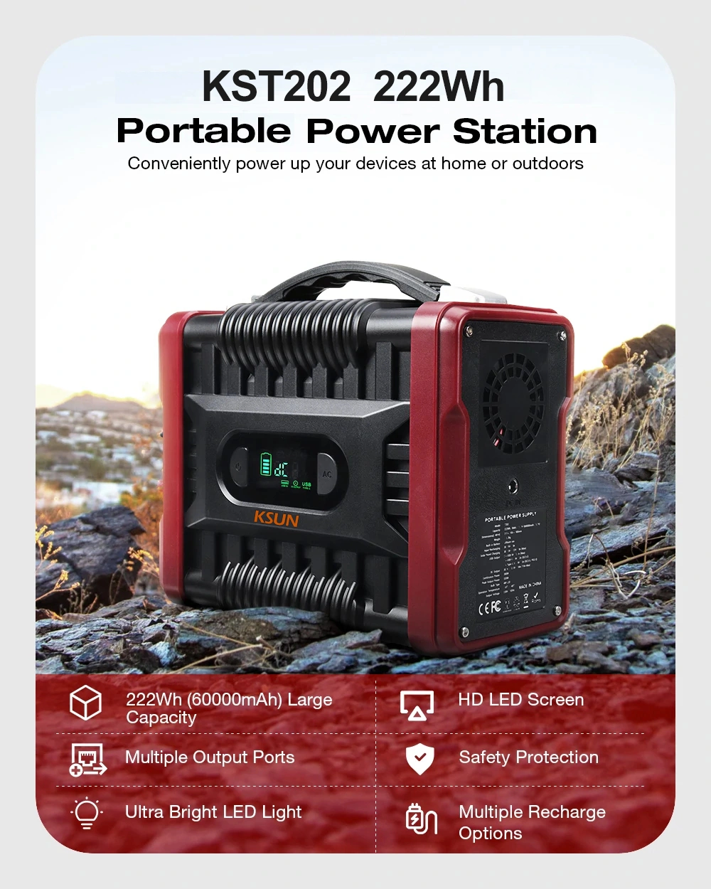 KST202 222Wh Portable Power Station 110V/220V 200W with Flashlight for Emergency built-in 60000mAh Lithium Battery For Outdoor Travel Hunting Camping